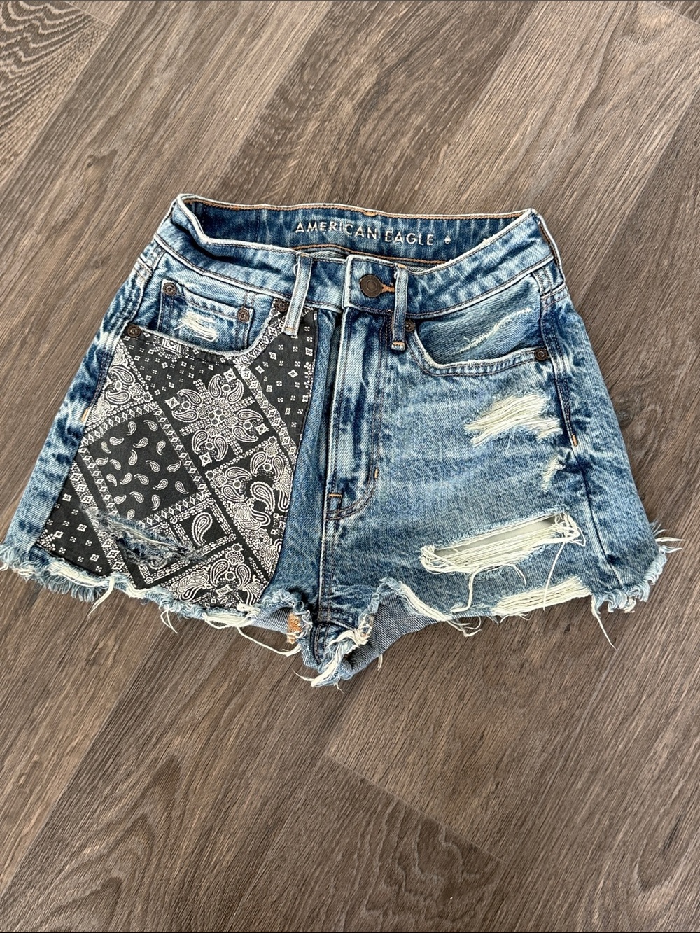 American Eagle Outfitters Distressed Blue Denim Bandana Patch High-Rise Shorts